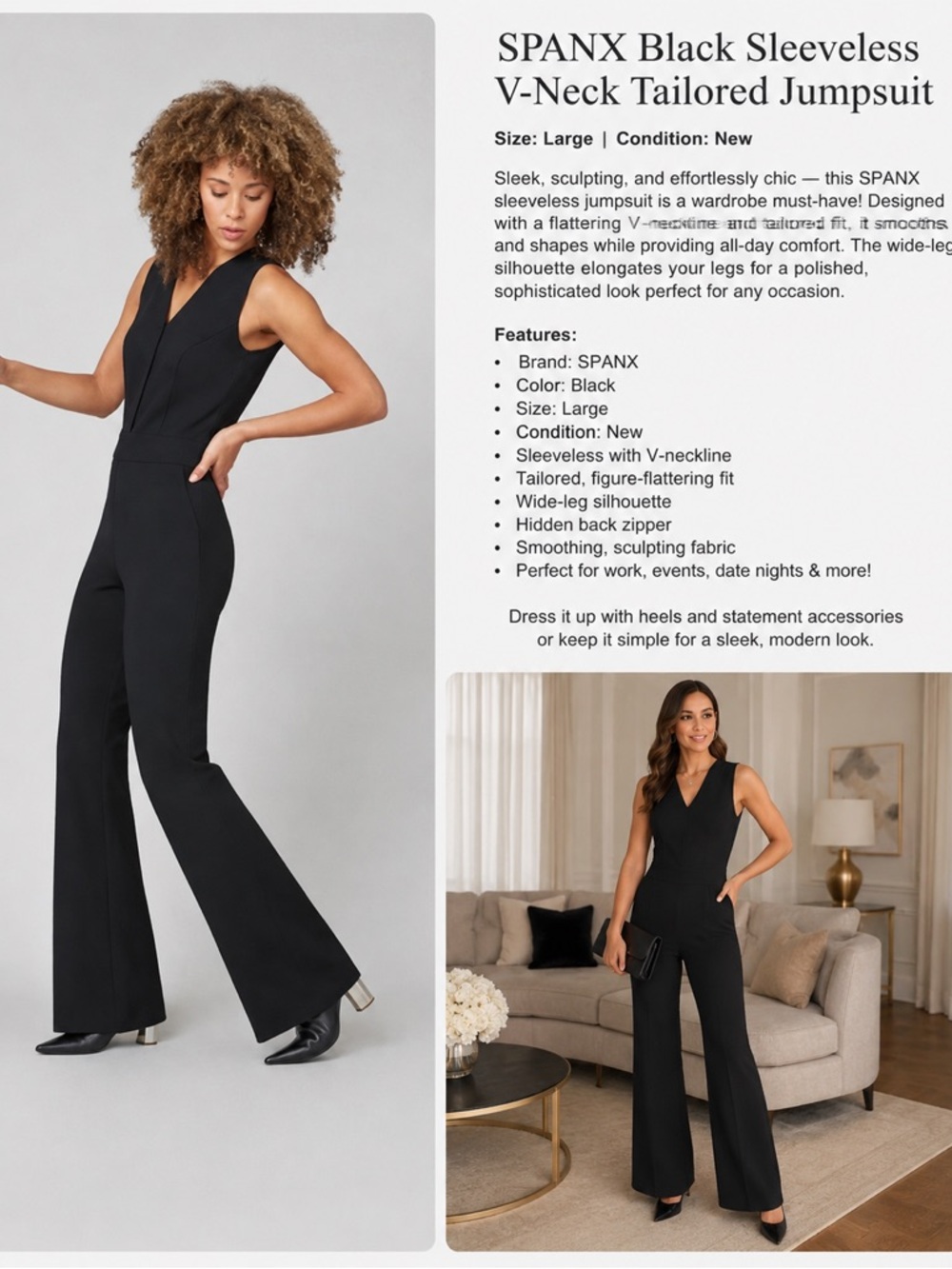 SPANX Black Sleeveless V Neck Tailored Jumpsuit Size Large NWT